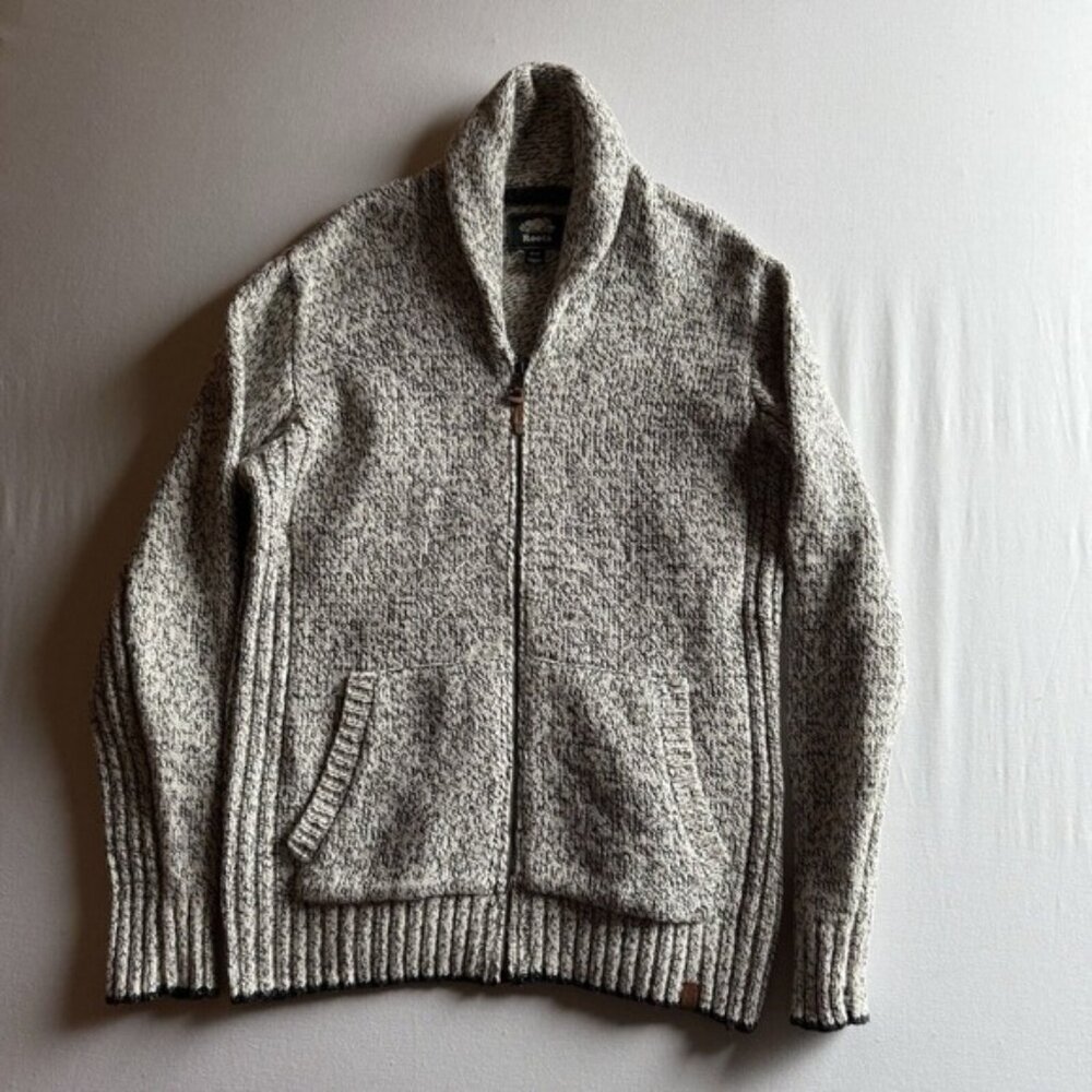 Roots Mens Medium Knitted Salt Pepper Shawl Chunky Cardigan‎ Sweater Full Zipper